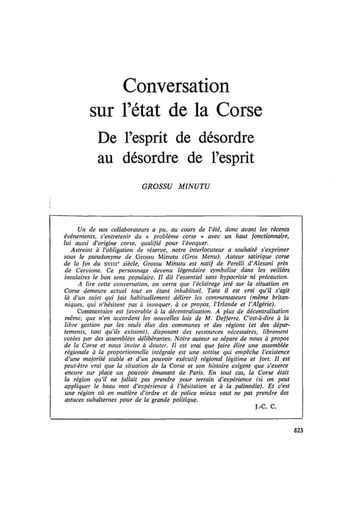 Conversation sur l’état de la Corse. De l’esprit de désordre au désordre de l’esprit
 – page 1