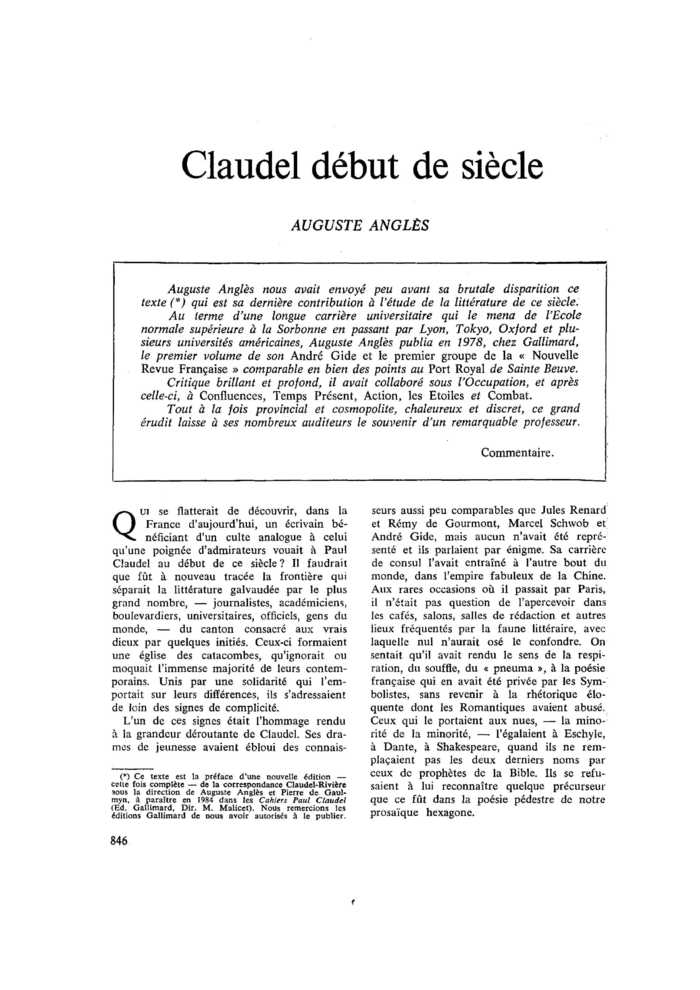 Claudel début de siècle
 – page 1