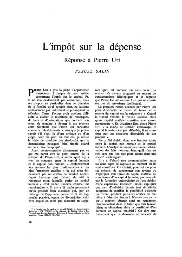 L’Impôt sur la dépense. Réponse à Pierre Uri
 – page 1