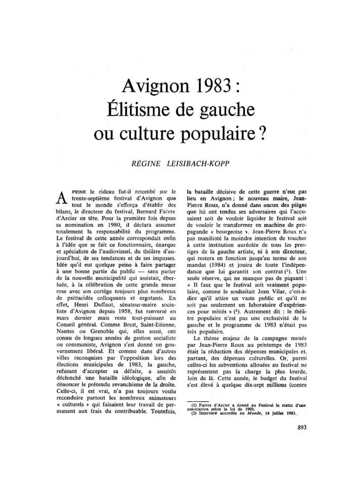 Avignon 1983 : élitisme de gauche ou culture populaire ?
 – page 1