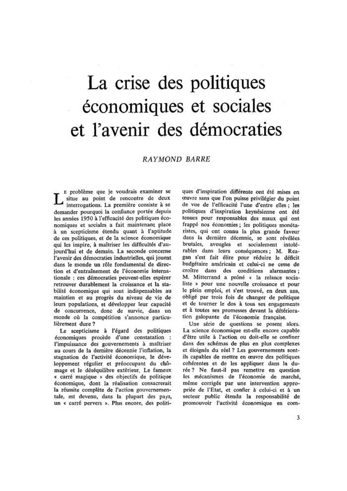 La crise des politiques économiques et sociales et l’avenir des démocraties
 – page 1