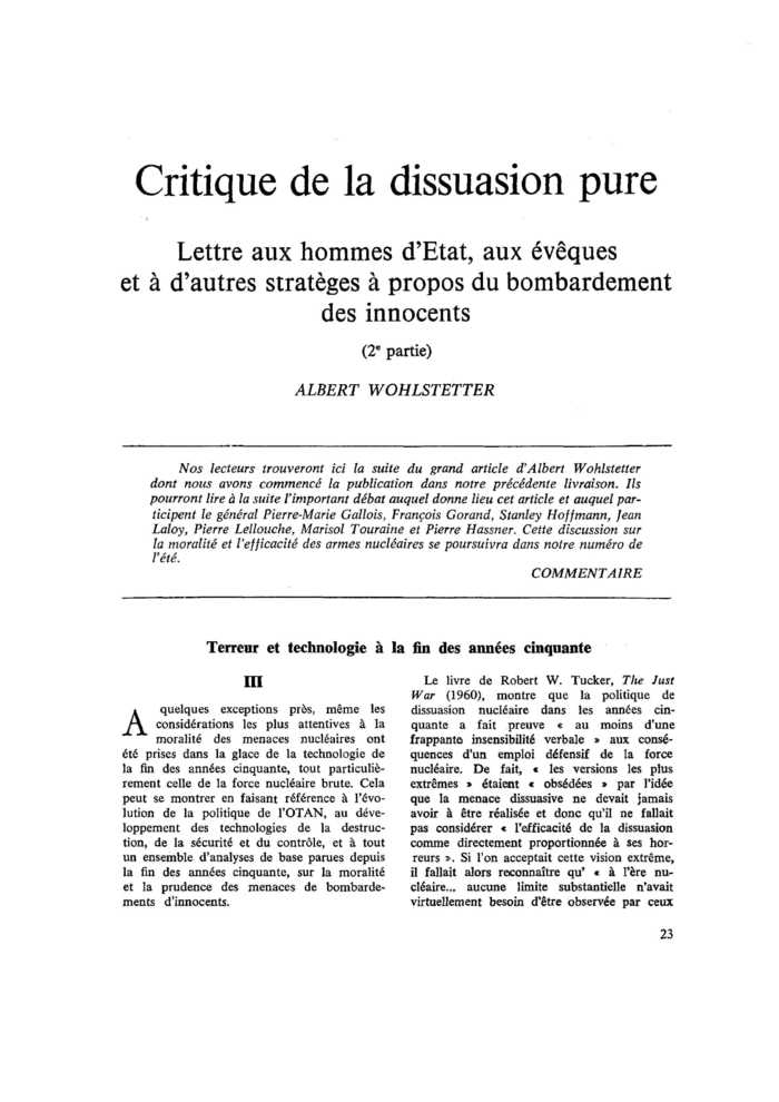 Critique de la dissuasion pure. Lettre aux hommes d’État, aux évêques et à d’autres stratèges à propos du bombardement des innocents (2e partie)
 – page 1