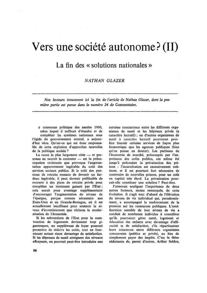 Vers une société autonome ? (II) La fin des « solutions nationales »
 – page 1