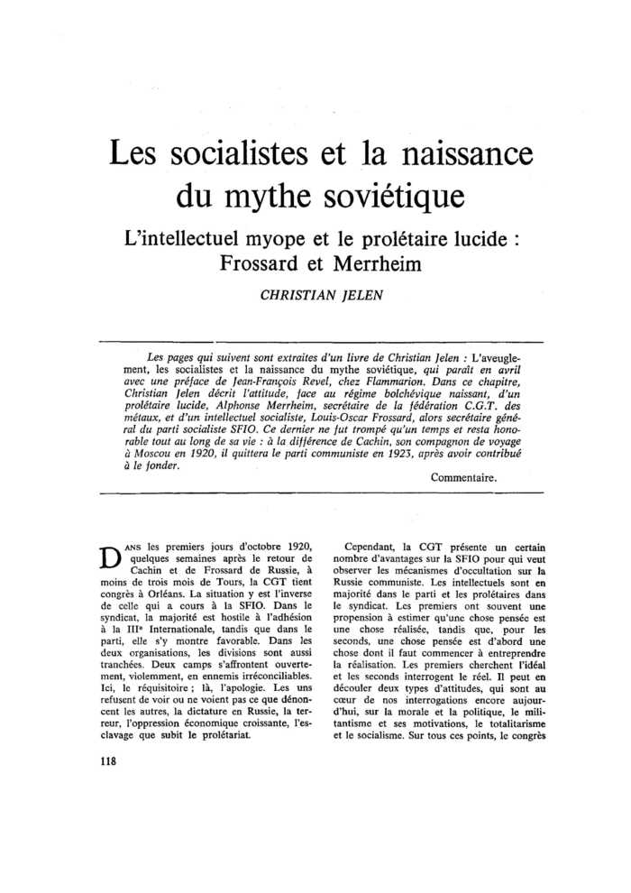 Les socialistes et la naissance du mythe soviétique. L’intellectuel myope et le prolétaire lucide : Frossard et Merrheim
 – page 1