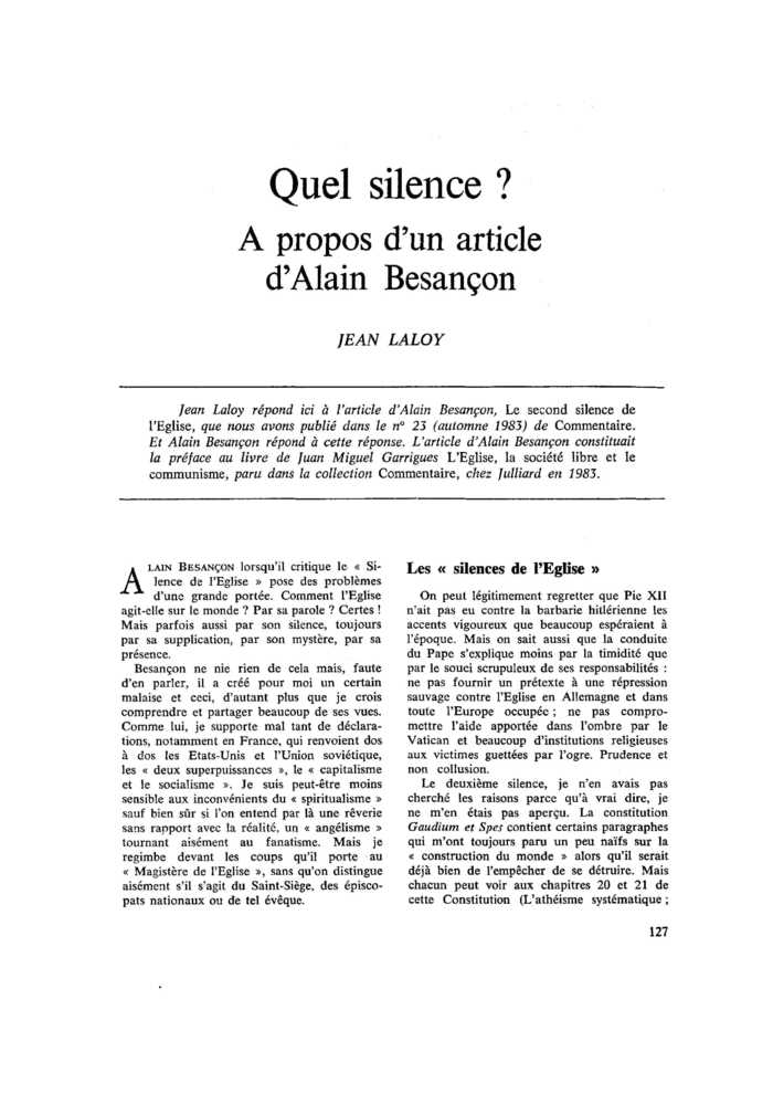 Quel silence ? À propos d’un article d’Alain Besançon
 – page 1