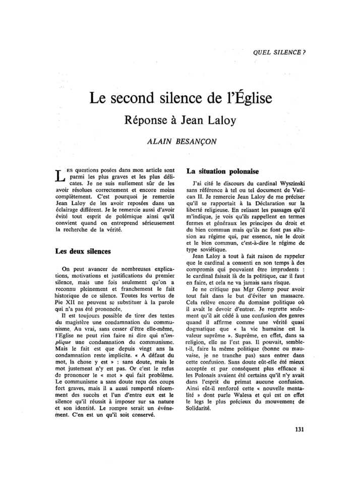 Le second silence de l’Église. Réponse à Jean Laloy
 – page 1