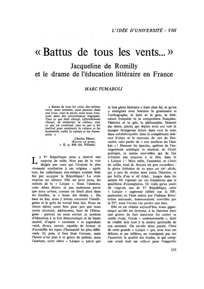 « Battus de tous les vents… ». Jacqueline de Romilly et le drame de l’éducation littéraire en France
 – page 1