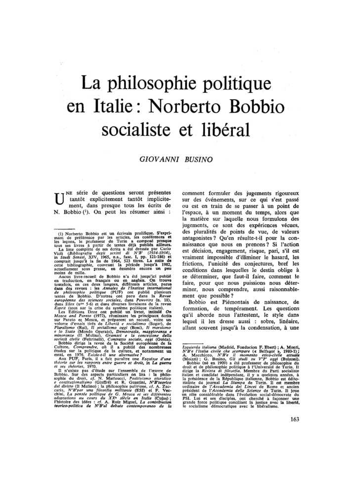 La philosophie politique en Italie: Norberto Bobbio socialiste et libéral
 – page 1