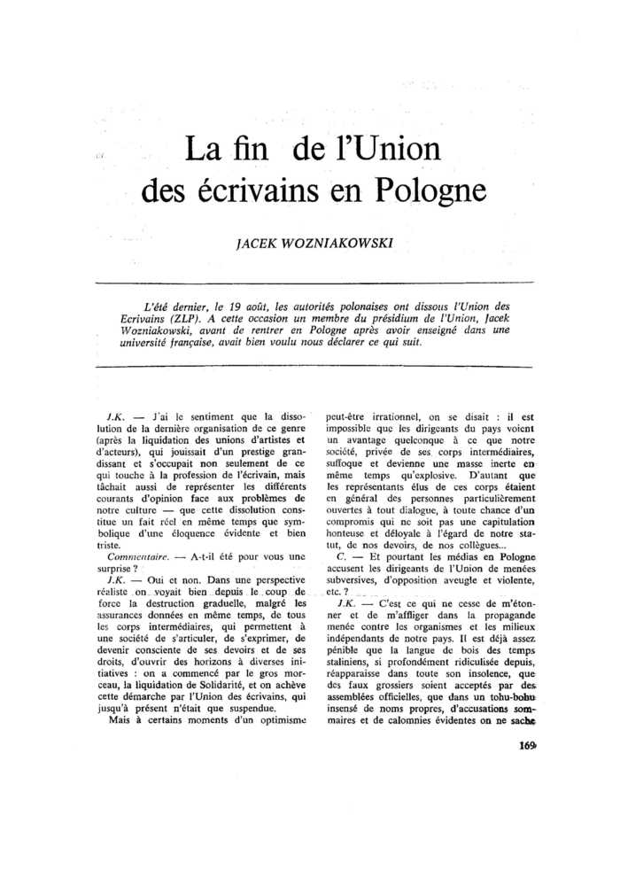 La fin de l’Union des écrivains en Pologne
 – page 1