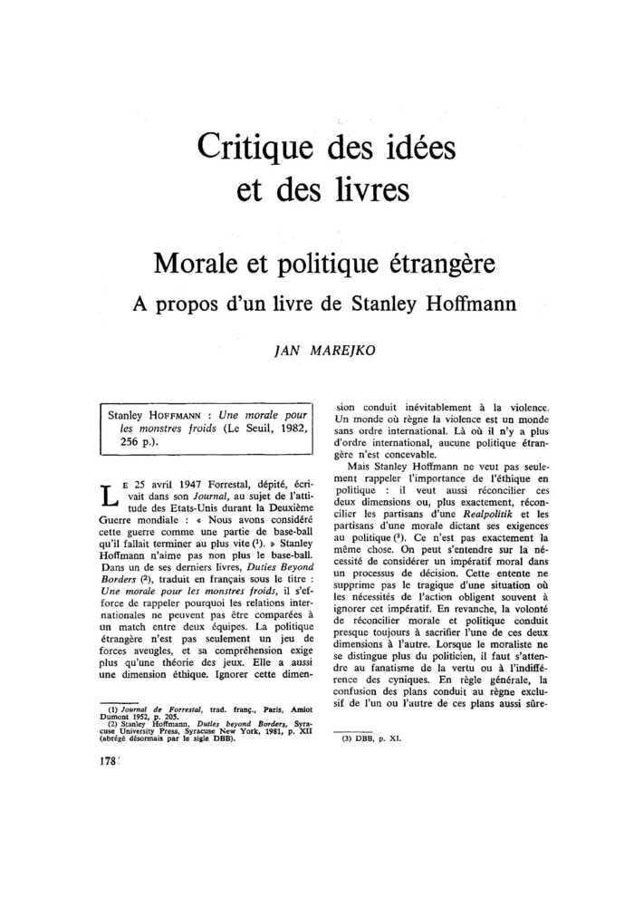 Morale et politique étrangère. À propos d’un livre de Stanley Hoffmann
 – page 1