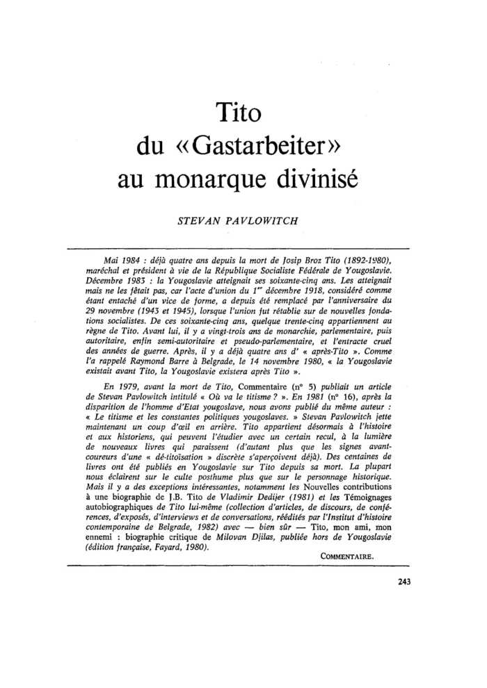 Tito du « Gastarbeiter » au monarque divinisé
 – page 1