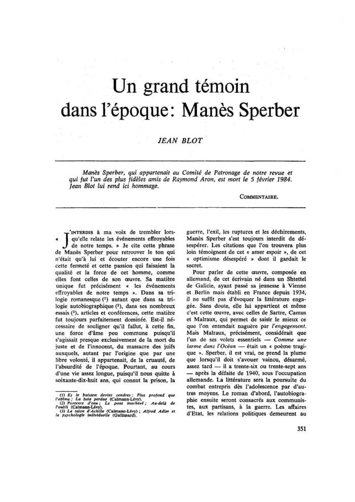 Un grand témoin dans l’époque : Manès Sperber
 – page 1