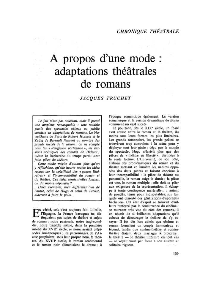 À propos d’une mode : adaptations théâtrales de romans
 – page 1