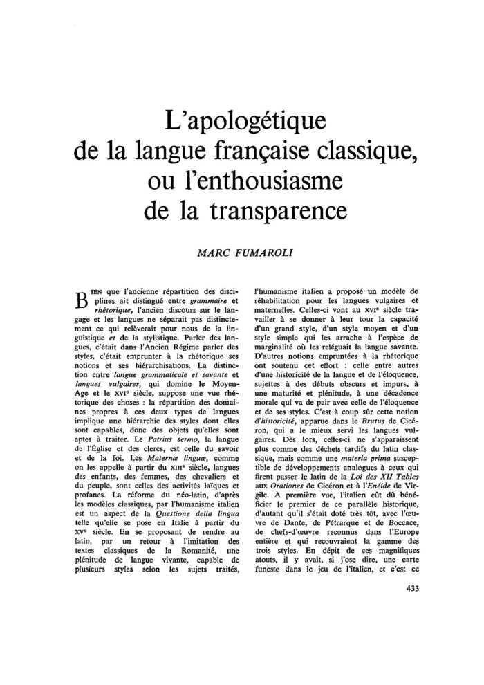 L’apologétique de la langue française classique, ou l’enthousiasme de la transparence
 – page 1