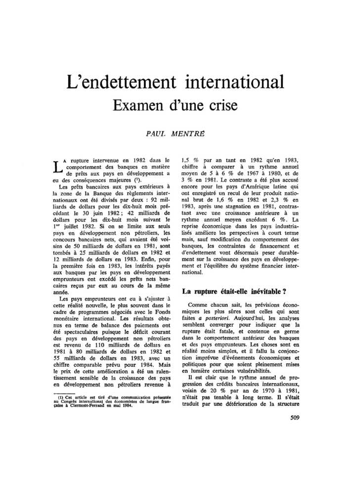 L’endettement international. Examen d’une crise
 – page 1