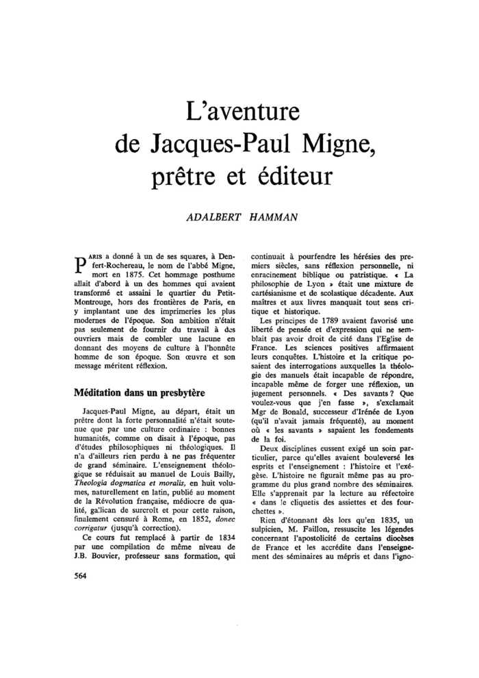 L’aventure de Jacques-Paul Migne, prêtre et éditeur
 – page 1
