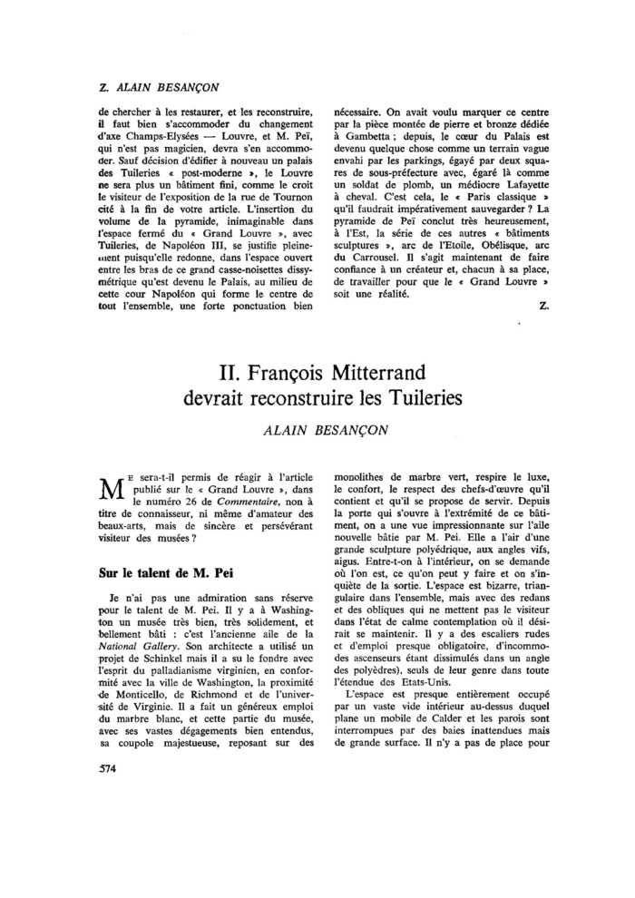 À propos du « Grand Louvre » (suite). II. François Mitterrand devrait reconstruire les Tuileries
 – page 1