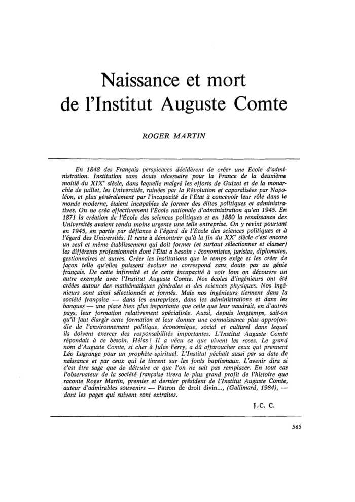 Naissance et mort de l’Institut Auguste Comte
 – page 1