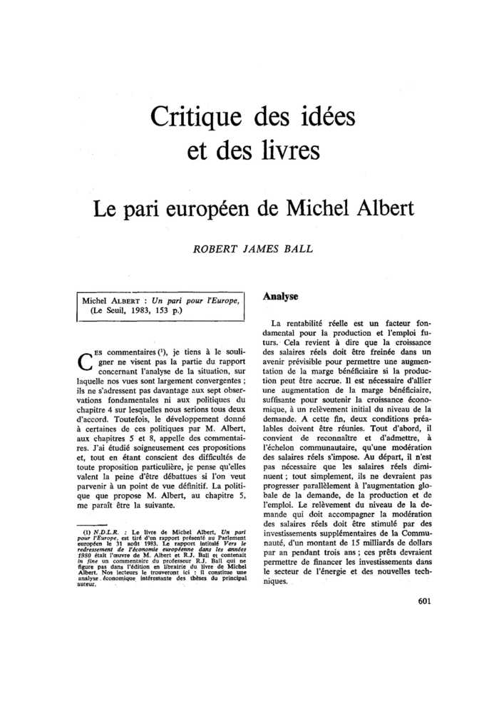 Le pari européen de Michel Albert
 – page 1