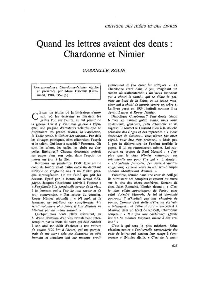 Quand les lettres avaient des dents : Chardonne et Nimier
 – page 1