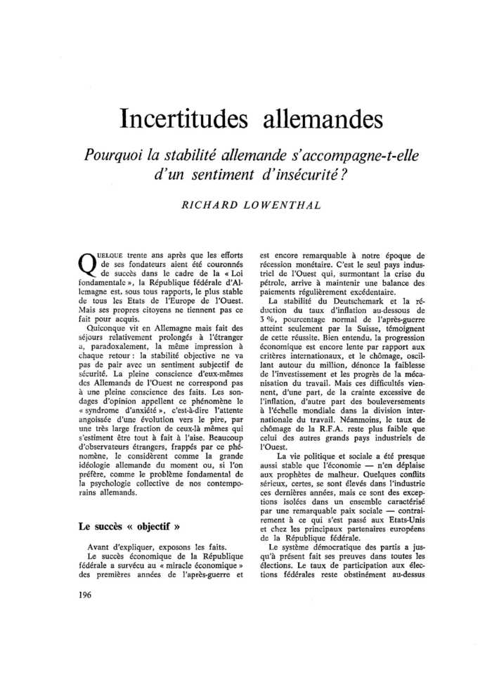 Incertitudes allemandes. Pourquoi la stabilité allemande s’accompagne-t-elle d’un sentiment d’insécurité ?
 – page 1