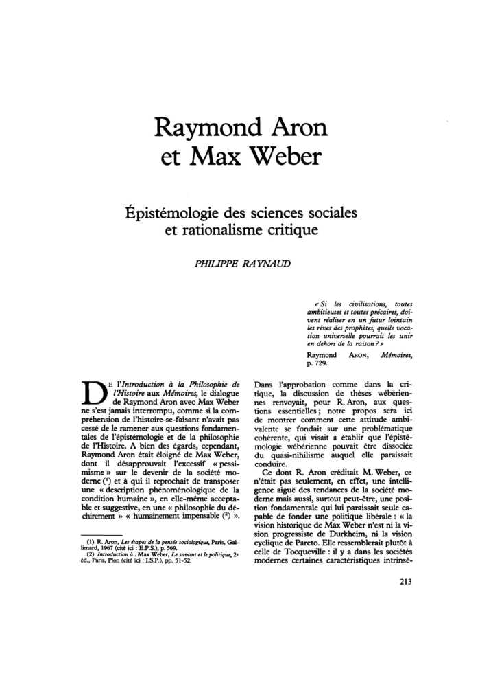 Raymond Aron et Max Weber. Épistémologie des sciences sociales et rationalisme critique
 – page 1