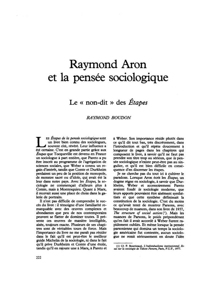 Raymond Aron et la pensée sociologique. Le « non-dit » des Étapes
 – page 1