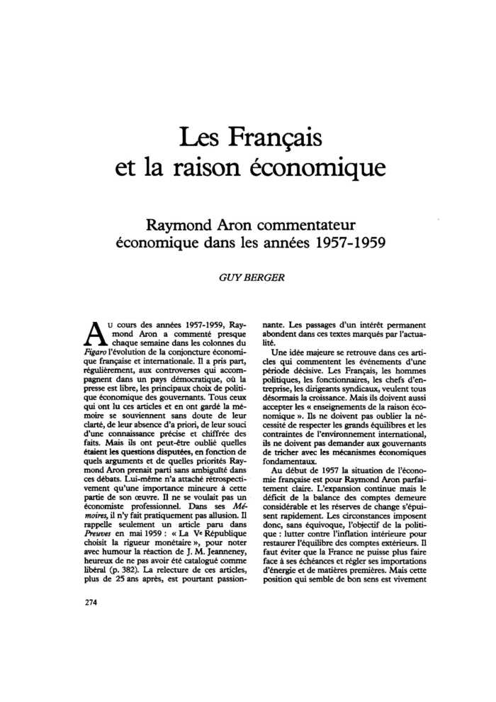 Les Français et la raison économique. Raymond Aron commentateur économique dans les années 1957-1959
 – page 1
