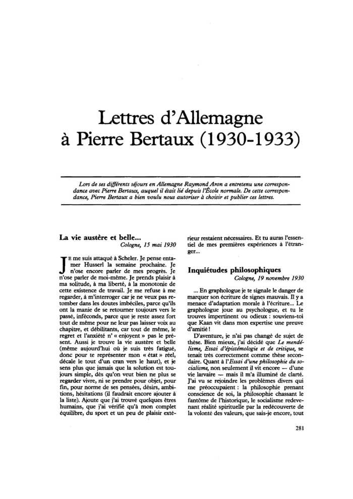 Lettres d’Allemagne à Pierre Bertaux (1930-1933)
 – page 1