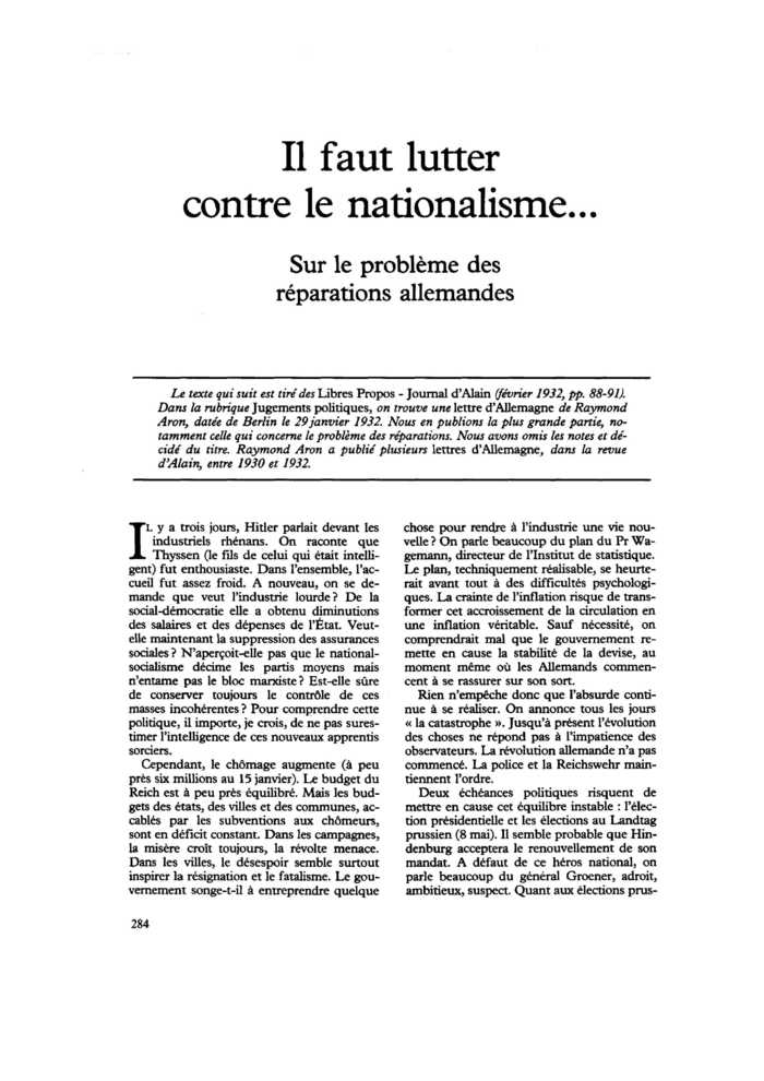 Il faut lutter contre le nationalisme… Sur le problème des réparations allemandes
 – page 1