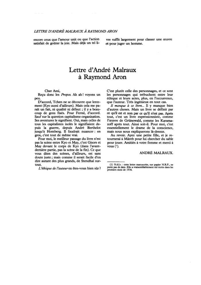 Lettre d’André Malraux à Raymond Aron
 – page 1