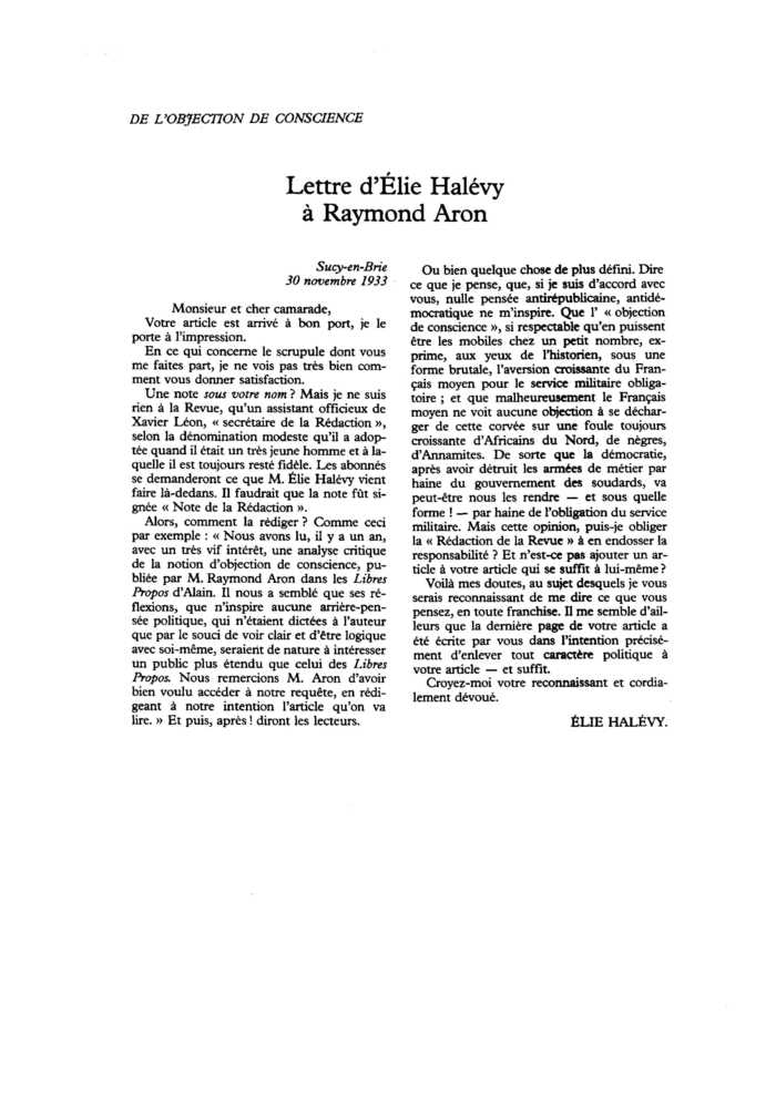 Lettre d’Élie Halévy à Raymond Aron
 – page 1