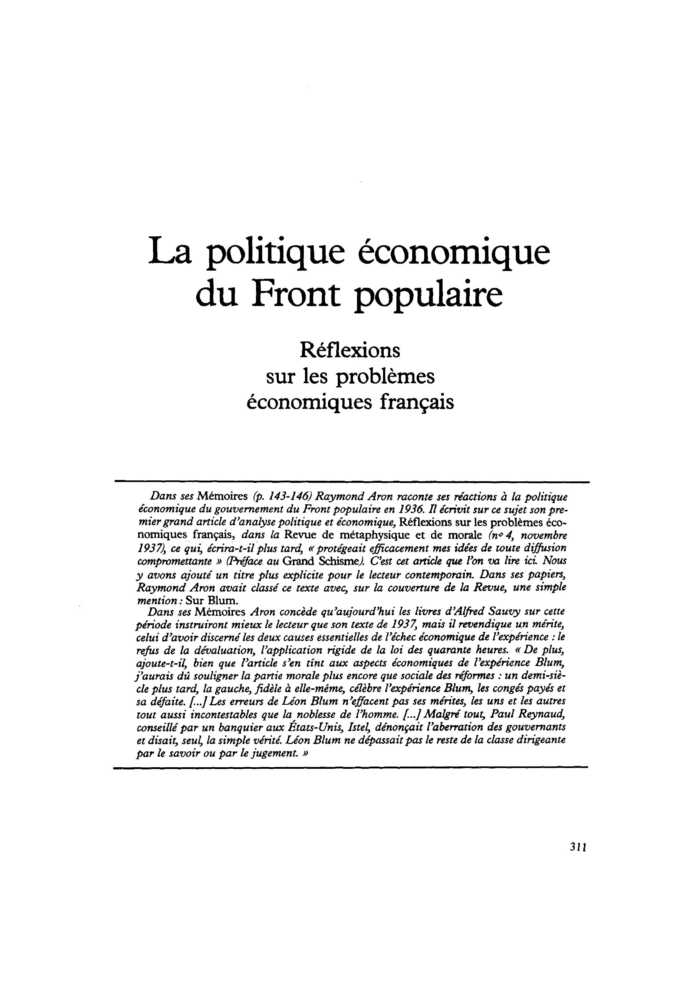 La politique économique du Front populaire. Réflexions sur les problèmes économiques français
 – page 1