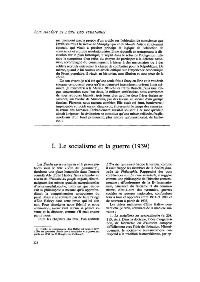 Élie Halévy et l’ère des tyrannies. I. Le socialisme et la guerre (1939)
 – page 1