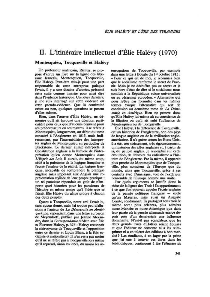 Élie Halévy et l’ère des tyrannies. II. L’itinéraire intellectuel d’Élie Halévy (1970)
 – page 1