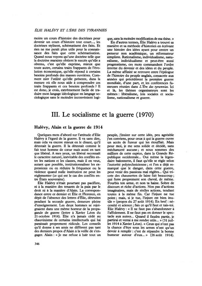 Élie Halévy et l’ère des tyrannies. III. Le socialisme et la guerre (1970)
 – page 1