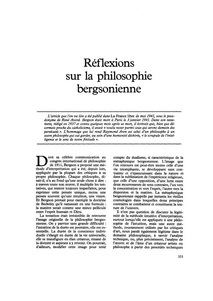Réflexions sur la philosophie bergsonienne
 – page 1