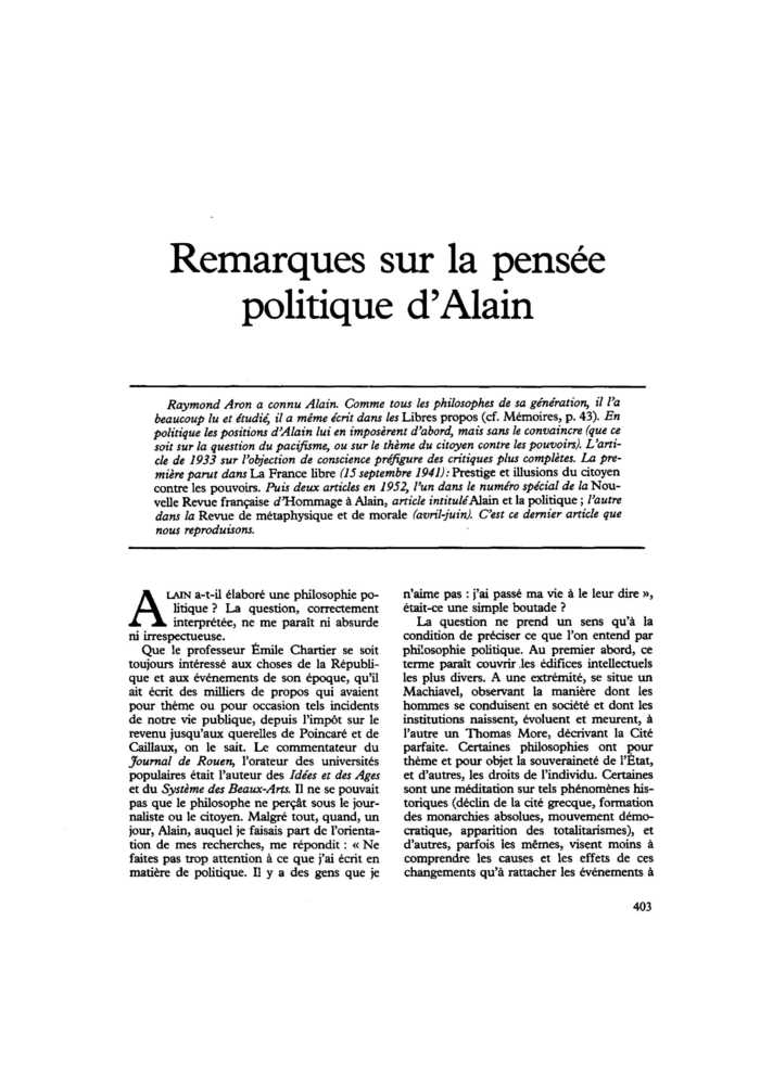 Remarques sur la pensée politique d’Alain
 – page 1