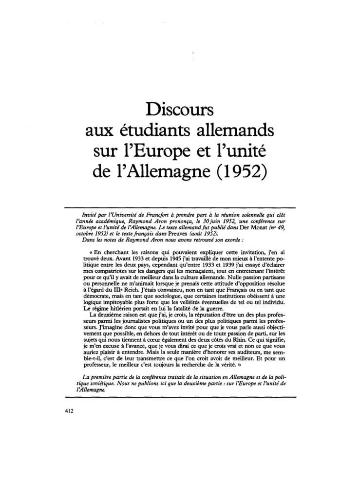 Discours aux étudiants allemands sur l’Europe et l’unité de l’Allemagne (1952)
 – page 1