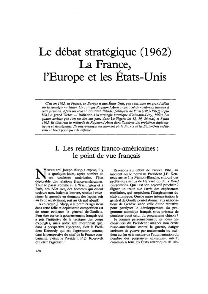 Le débat stratégique (1962). La France, l’Europe et les États-Unis
 – page 1