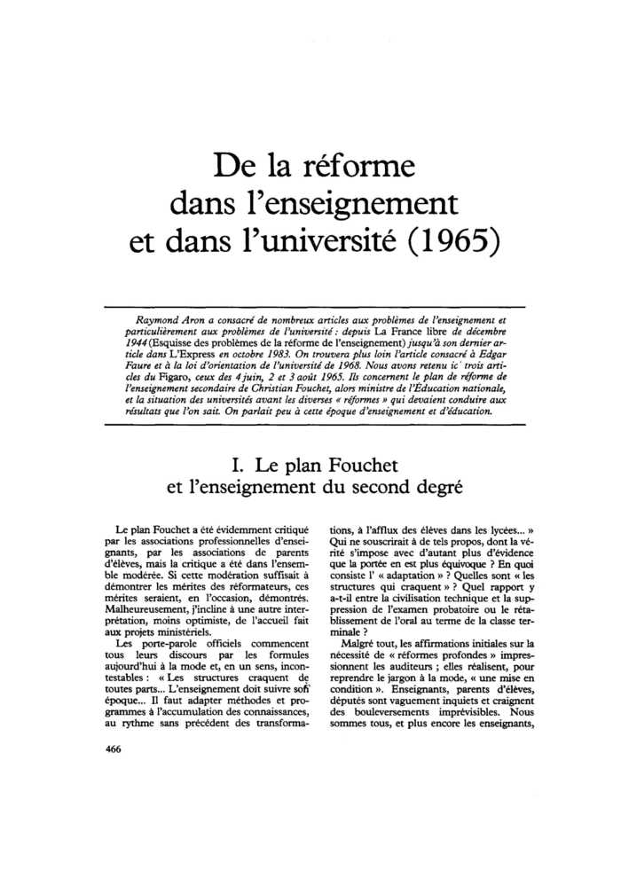 De la réforme dans l’enseignement et dans l’université (1965)
 – page 1