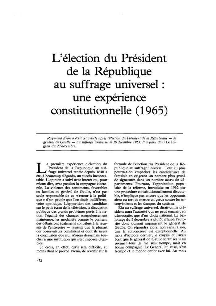 L’élection du président de la République au suffrage universel : une expérience constitutionnelle (1965)
 – page 1
