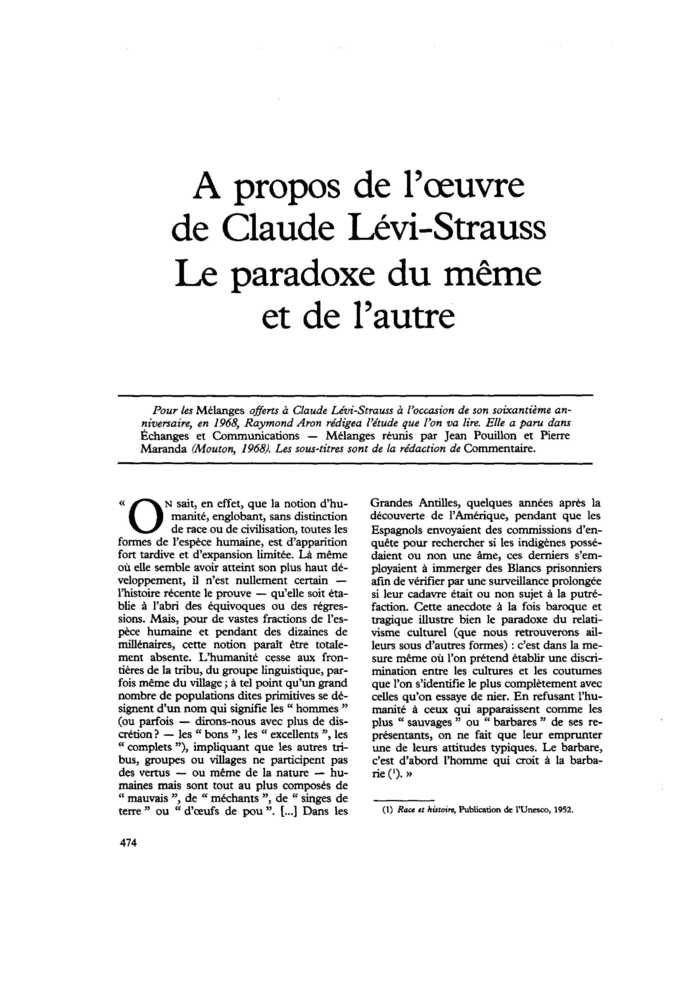 À propos de l’œuvre de Claude Lévi-Strauss. Le paradoxe du même et de l’autre
 – page 1
