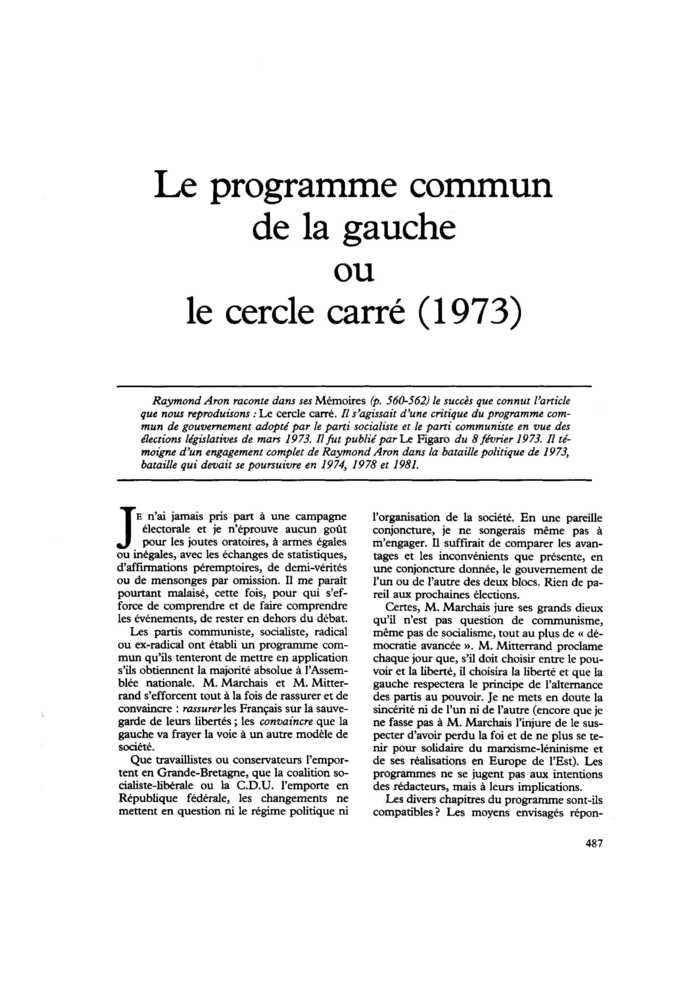 Le programme commun de la gauche ou le cercle carré (1973)
 – page 1