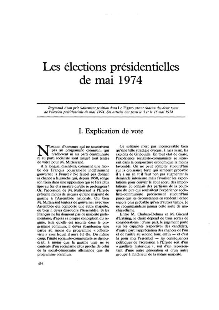 Les élections présidentielles de mai 1974
 – page 1