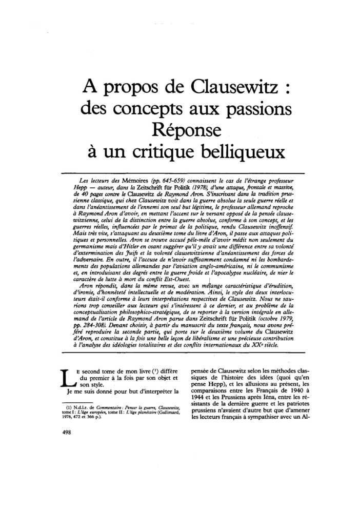À propos de Clausewitz : des concepts aux passions. Réponse à un critique belliqueux
 – page 1