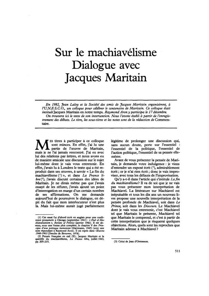 Sur le machiavélisme. Dialogue avec Jacques Maritain
 – page 1