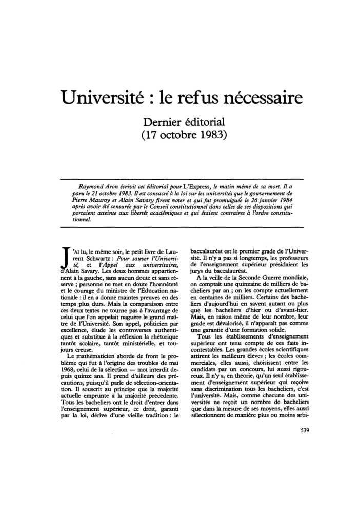 Université : le refus nécessaire. Dernier éditorial (17 octobre 1983)
 – page 1