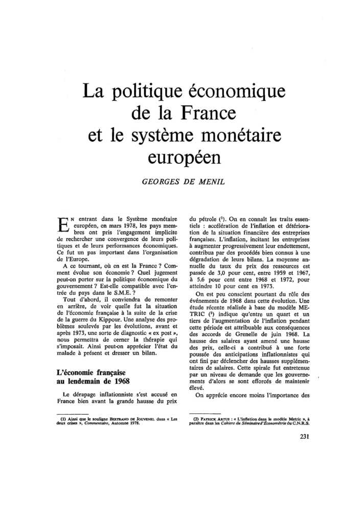 La politique économique de la France et le système monétaire européen
 – page 1