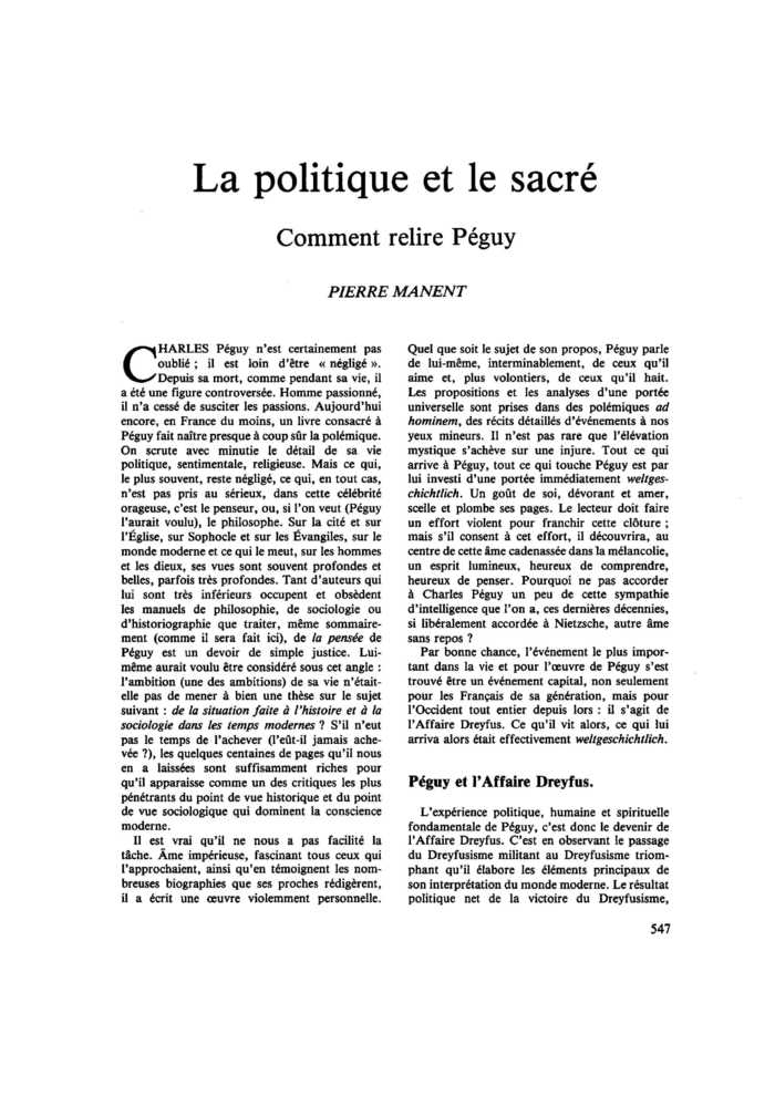 La politique et le sacré. Comment relire Péguy
 – page 1